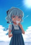  blue_hair bow cirno cloud clouds cutting_(mkjtl) detached_wings eating food hair_bow highres ice ice_cream ice_wings short_hair short_sleeves sky solo sun sweat touhou wings 