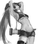  1girl arched_back armpits arms_up bikini_top breasts closed_eyes eyes_closed long_hair monochrome original ponytail riftgarret sheath sheathed short_shorts shorts single_thighhigh solo sword thigh-highs thighhighs under_boob underboob very_long_hair weapon 
