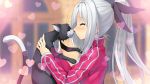  animal blush cat game_cg grey_hair long_hair mibu_tsubaki tokeijikake_no_ley_line urabi_(tomatohouse) 