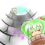  blonde_hair blush bow bucket closed_eyes eyes_closed hair_bobbles hair_bow hair_ornament in_bucket in_container kisume kurodani_yamame multiple_girls open_mouth ruto5102 short_hair sleeping touhou twintails well 