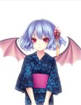  bat_wings blue_eyes bust hair_ornament highres japanese_clothes kaka_cheung kimono light_smile no_hat no_headwear red_eyes remilia_scarlet short_hair solo touhou wings 