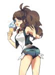  ass blue_eyes brown_hair cropped_vest cutoffs food ice_cream pokemon pokemon_(game) pokemon_bw ponytail short_shorts shorts smile tank_top touko_(pokemon) v vanillite wink 