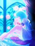  apple backlighting barefoot blue_hair bow curtains food fruit highres leg_hug no_hat no_headwear red_eyes remilia_scarlet short_sleeves sitting solo stained_glass touhou wings yonaki 
