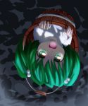  adda bucket green_eyes green_hair hair_bobbles hair_ornament in_bucket in_container kisume lowres open_mouth short_hair solo touhou twintails upside-down 