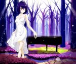  another bare_shoulders bare_tree black_hair blush breasts dress eyeball eyepatch feng_ze flower highres instrument looking_down misaki_mei no_leaves path piano red_eyes short_hair sleeveless sleeveless_dress solo sunbeam sunlight tree 