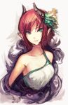  bare_shoulders bust doomfest flower green_eyes hair_flower hair_ornament highres horns light_smile lips looking_at_viewer original pointy_ears red_hair redhead short_hair sketch solo 