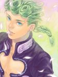  blue_eyes braid curly_hair giorno_giovanna green_hair jojo_no_kimyou_na_bouken male neopara petals short_braid solo tegaki 