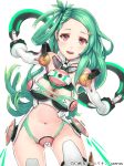  :d blush breasts character_request cleavage female green_hair hair_ornament hairclip holding junketsu_duelion junketsu_duelion long_hair looking_at_viewer navel official_art open_mouth original red_eyes remana simple_background smile solo text translated translation_request white_background 