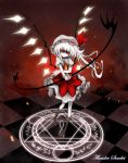  absurdres alternate_hair_color character_name cross-laced_footwear fang flandre_scarlet glowing glowing_eyes hat hat_ribbon highres laevatein magic_circle moon_(moon-beast) pale_skin puffy_sleeves red_eyes ribbon short_hair short_sleeves slit_pupils smile solo touhou weapon white_hair wings 