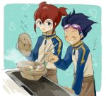  2boys barufoa blush closed_eyes glasses goggles goggles_on_head grin hamano_kaiji hayami_tsurumasa inazuma_eleven_(series) inazuma_eleven_go lightning_bolt male multiple_boys open_mouth raimon smile track_jacket translation_request 