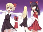  :d absurdres ascot black_hair blonde_hair blush bow brown_hair child detached_sleeves fang feng_ze from_behind hair_bow hair_ribbon hair_tubes hakurei_reimu hand_holding hands_together height_difference highres holding_hands long_hair long_sleeves multiple_girls open_mouth outstretched_arms red_eyes ribbon role_reversal rumia shirt short_hair smile touhou walking young 
