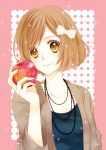  apple bad_id bow brown_eyes brown_hair food fruit hair_bow hair_ornament jewelry kanae_(aab) necklace original short_hair smile solo 