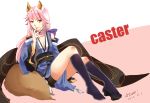  animal_ears caster_(fate/extra) clog_sandals detached_sleeves fate/extra fate_(series) finger_licking fox_ears fox_tail genderswap geta japanese_clothes kneehighs licking long_hair male pink_hair puyue sandals shorts single_shoe solo tail thigh-highs thighhighs yellow_eyes 