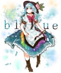 bad_id blue_hair bow food fruit hat highres hinanawi_tenshi leaf long_hair peach puffy_sleeves red_eyes ringetsumon short_sleeves skirt solo touhou weapon