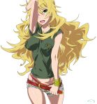  belt blonde_hair bracelet breasts earrings green_eyes hair_over_one_eye hoshii_miki idolmaster impossible_clothes impossible_shirt jewelry long_hair open_mouth panties shorts solo suna underwear white_background 