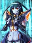  android black_hair blue_background edobox hands_together lisa_(phantasy_star_online) lisa_(pso2) looking_at_viewer pale_skin phantasy_star phantasy_star_online_2 red_eyes science_fiction smile solo steepled_fingers 