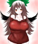  bare_shoulders black_wings bow breast_hold breasts brown_hair crossed_arms hair_bow han_(jackpot) huge_breasts long_hair looking_at_viewer naked_sweater reiuji_utsuho ribbed_sweater simple_background sketch smile solo sweater touhou turtleneck turtleneck_sweater very_long_hair wings 