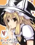  blonde_hair blush finger_to_mouth hat heart kirisame_marisa long_hair looking_at_viewer rock_heart solo spoken_heart touhou translation_request witch_hat yellow_eyes 