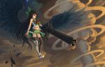  adapted_costume alternate_weapon arm_cannon armor bird_wings black_hair black_legwear black_wings bow cloud clouds explosion feathers hddkwar long_hair navel open_mouth red_eyes reiuji_utsuho sleeveless solo star thigh-highs thighhighs third_eye touhou very_long_hair weapon wings 