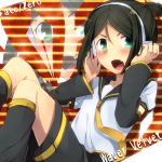  androgynous black_hair command_spell cosplay detached_sleeves fang fate/zero fate_(series) green_eyes green_hair hairband hands_on_headphones headphones kagamine_len kagamine_len_(cosplay) kagamine_rin kagamine_rin_(cosplay) lowres male marimo_danshaku short_hair short_ponytail solo thigh-highs thighhighs vocaloid waver_velvet zoom_layer 