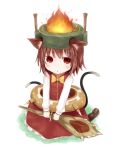  animal_ears bow brown_hair cat_ears cat_tail chen club fire king_shakalaka king_shakalaka_(cosplay) long_sleeves monster_hunter multiple_tails paws short_hair solo tail touhou weapon white_background yuu-rin 