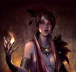  bare_shoulders black_hair breasts cleavage doe dragon_age dragon_age:_origins fantasy feathers fingernails flame highres jewelry lips long_fingernails long_nails magic morrigan nail_polish necklace pale_skin ring swept_bangs yellow_eyes 