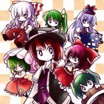  :3 blue_eyes blue_hair bow brown_eyes brown_hair bucket chibi colored daiyousei dress fujiwara_no_mokou green_eyes green_hair hair_bobbles hair_bow hair_ornament hair_tubes hakurei_reimu hand_in_pocket hat hat_ribbon highres holding in_bucket in_container kamishirasawa_keine kazami_yuuka kisume long_hair multiple_girls necktie plaid plaid_vest ribbon side_ponytail silver_hair smile suspenders touhou touhou_ningyougeki twintails umbrella usami_renko yume_shokunin 