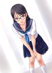  black_eyes black_hair collarbone down_blouse glasses highres leaning_forward long_hair looking_at_viewer norizou_type-r original school_uniform simple_background skirt solo underwear white_background 