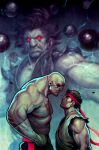  bandage bandages black_hair doe eyepatch face-to-face gouki headband japanese_clothes kimono messy_hair muscle red_eyes ryuu_(street_fighter) sagat scar short_hair signature street_fighter topless 