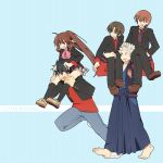  4boys 5boys barefoot carrying inohara_masato japanese_clothes lifting little_busters!! miyazawa_kengo multiple_boys naoe_riki natsume_kyousuke natsume_rin school_uniform shacttainw shoulder_carry 