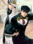  2boys belt black_hair blue_eyes gakuran hat higashikata_jousuke jojo_no_kimyou_na_bouken kuujou_joutarou multiple_boys neopara pompadour school_uniform tegaki 