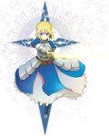  ahoge armor armored_dress blonde_hair blue_eyes command_spell dress excalibur fate/zero fate_(series) glowing glowing_weapon hair_ribbon ribbon saber snowsnowsnow solo sword weapon 