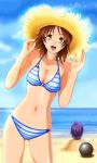  beach bikini bomb brown_eyes brown_hair buried buried_in_sand character_request hat hoshikawa_maki shopyun straw_hat striped striped_bikini striped_swimsuit sun_hat swimsuit tokimeki_memorial tokimeki_memorial_4 