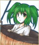  bucket green_eyes green_hair hair_bobbles hair_ornament in_bucket in_container kisume marker_(medium) mochizuki_ado open_mouth shikishi short_hair solo touhou traditional_media twintails 
