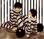  ball_and_chain ball_and_chain_restraint black_hair brown_eyes brown_hair fukube_satoshi hyouka male multiple_boys oreki_houtarou prison_clothes prisoner purple_eyes short_hair striped violet_eyes 