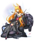  animal_ears black_legwear blonde_hair breasts butter-t choker cleavage collar fire flower fox_ears gourd green_eyes hair_ornament highres japanese_clothes japanese_clothing kimono kiseru large_breasts legs long_hair long_legs long_sleeves machine monster_girl original pipe smile solo thigh-highs thighhighs thighs very_long_hair 