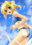 :d ahoge ass bad_id blonde_hair blue_eyes blush from_behind looking_back midriff muramayu open_mouth original ponytail smile solo swimsuit tankini 