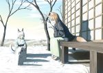  animal_ears brown_hair foxgirl grey_hair japanese_clothes original sakais3211 snow snowman tail 