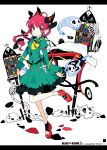  ahoge animal_ears braid cat_ears cat_tail extra_ears ghost highres ideolo kaenbyou_rin looking_at_viewer mismatched_footwear multiple_tails pointy_ears red_eyes red_hair redhead skull smile solo tail touhou twin_braids 