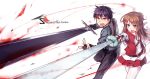  black_hair blood brown_hair gogetu highres kirigaya_kazuto kirito long_hair sword sword_art_online weapon yuuki_asuna 