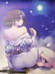  1girl ass barefoot blue_eyes brown_hair from_behind japanese_clothes kara_no_kyoukai katana kimono moon night night_sky obi off_shoulder petals ryougi_shiki sakazuki short_hair sitting sky solo sword type-moon weapon yokozuwari 