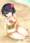  barefoot bikini black_hair blue_eyes blush coconut collarbone flower ginji74 hair_flower hair_ornament hibiscus looking_at_viewer navel original short_hair sipping sitting solo straw swimsuit yokozuwari 