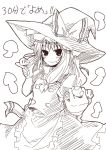  hat kirisame_marisa looking_at_viewer monochrome mushroom rock_heart smile solo touhou 