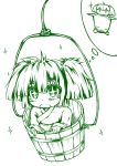  1girl blush bucket downagi hair_ornament in_bucket in_container in_hat kisume long_sleeves monochrome open_mouth short_hair solo sparkle touhou twintails white_background |_| 