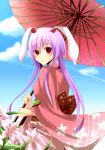  animal_ears artist_request bunny_ears cloud clouds flower japanese_clothes long_hair long_sleeves obi pink_hair rabbit_ears red_eyes reisen_udongein_inaba sky solo touhou umbrella very_long_hair wide_sleeves 