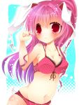  :&lt; animal_ears aqua_background bikini blush breasts bunny_ears bunny_tail fuuna_thise halftone halftone_background hand_in_hair long_hair looking_at_viewer pink_hair rabbit_ears red_eyes reisen_udongein_inaba solo star star-shaped_pupils swimsuit symbol-shaped_pupils tail touhou 