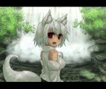  animal_ears bare_shoulders blush detached_sleeves fang hat inubashiri_momiji letterboxed miruki open_mouth rainbow red_eyes short_hair solo tail tokin_hat touhou water waterfall white_hair wolf_ears wolf_tail 