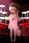  bad_id bag bakemonogatari barefoot blonde_hair doughnut dress goggles goggles_on_head helmet highres kabushiki_souko long_hair monogatari_(series) oshino_shinobu red_eyes red_ribbon ribbon solo strap_slip 