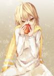  ahoge apple blonde_hair food fruit long_hair long_sleeves original scarf solo wakame_mi yellow_eyes 