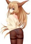  alternate_costume ass blonde_hair blush highres horns ibuki_suika long_hair long_sleeves masiroke off_shoulder open_mouth panties pantyhose purple_eyes solo sweater teenage touhou underwear very_long_hair violet_eyes white_background white_panties yoye_(pastel_white) 